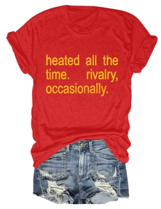 Detail of red crewneck T-shirt with yellow slogan and distressed denim shorts set