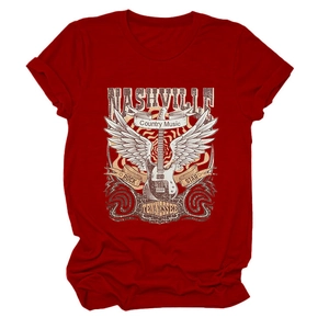 Detail of Nashville country music vintage guitar print on dark red cotton t-shirt