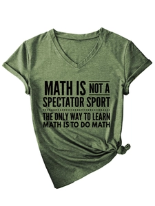 Detail of army green V-neck T-shirt with black math slogan print and knotted hem