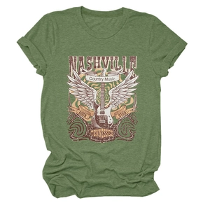 Detail of Nashville country music print on green vintage rock star graphic t-shirt