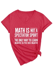Detail of red V-neck T-shirt featuring Math Is Not A Spectator Sport print and knotted hem