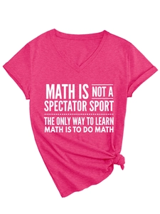 Detail of rose red V-neck T-shirt featuring a front math slogan and stylish hem knot