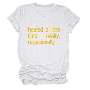 Close-up of white cotton T-shirt featuring yellow screen-printed slogan text and crew neck