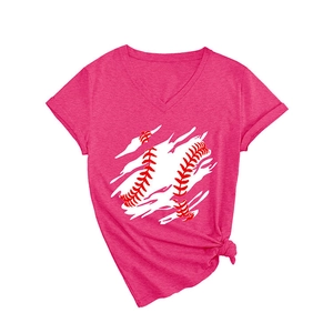 Rose red V-neck baseball print T-shirt for women with casual side-knot detail style