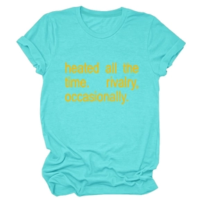 Detail of mint green cotton crew neck T-shirt with yellow printed slogan text