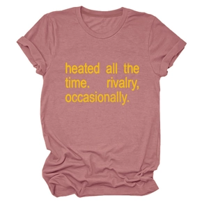 Detail of dusty rose T-shirt with yellow slogan print and rolled cuffs design