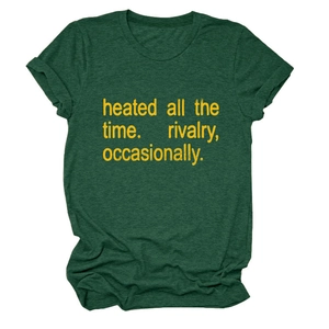 Detail of crew neck and cotton fabric texture on dark green short sleeve T-shirt
