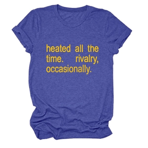 Detail of royal blue crew neck T-shirt with yellow heated all the time slogan print