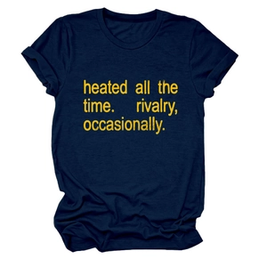 Detail of navy cotton T-shirt featuring yellow 'heated all the time' printed slogan