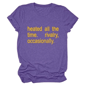 Women's casual purple heather crew neck T-shirt with yellow heated all the time slogan