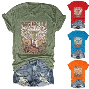 Nashville Country Music T-Shirt Women Vintage Rock Graphic Printed Cotton Blend Loose Fit Round Neck Short Sleeve Top