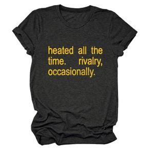 Detail of grey heather t-shirt showing yellow printed text and soft cotton fabric texture