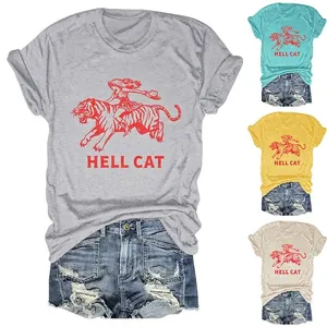 T-Shirt Femme Hell Cat Vintage Graphique Col Rond Manches Courtes Ample Mélange Coton Streetwear Décontracté
