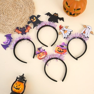 Halloween headband set with pumpkin ghost and bat designs featuring metallic fringe