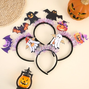 Set of 4 Halloween headbands featuring pumpkin, ghost, and bat designs with tinsel
