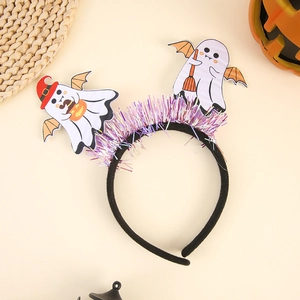 Detailed view of Halloween headbands with cartoon ghosts, orange bat wings and sequins