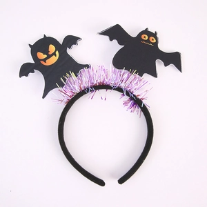 Halloween headband with black bat charms and purple tinsel on a plain white background