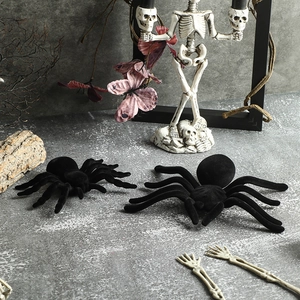 Black flocked spiders set for Halloween decoration with realistic texture and spooky vibe