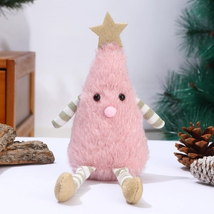 Close-up of pink plush Christmas tree doll with glitter star and striped legs detail