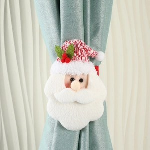 Santa Claus plush curtain tieback with red and white knit hat for festive home window decor