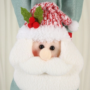 Detailed view of Santa Claus curtain tieback with red knitted hat and plush white beard