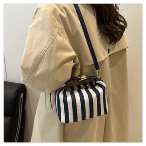 Detail of striped canvas mini bag with navy leather straps and gold buckle on a model