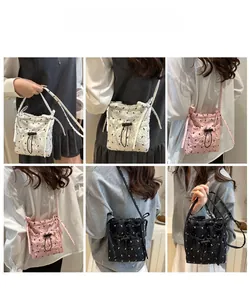 Quilted floral texture bucket bag shown in multiple colors and styling perspectives