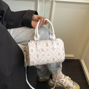 White Boston bag with cute cartoon bear prints and detachable shoulder strap for women