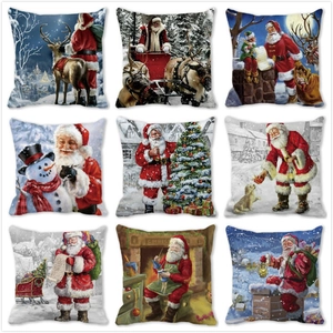 Vintage Christmas Santa Claus Peach Skin Cushion Cover Watercolor Snowman Reindeer Decorative Pillow Case For Home Sofa Decor