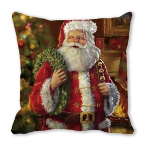 Christmas watercolor Santa Claus square throw pillow with evergreen wreath and fireplace
