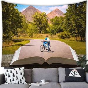 Détail d'une tapisserie murale avec illustration 3D de livre magique et paysage de montagne