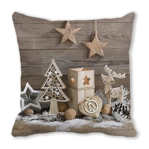 Macro shot of peach skin fabric texture with Nordic wooden Christmas ornaments print