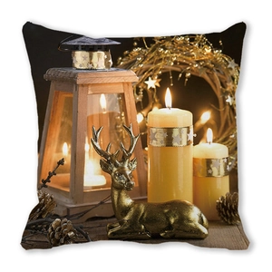 Merry Christmas peach skin square cushion cover with lantern and reindeer print