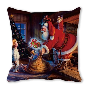 Christmas peach skin throw pillow featuring Santa Claus and tree on white background