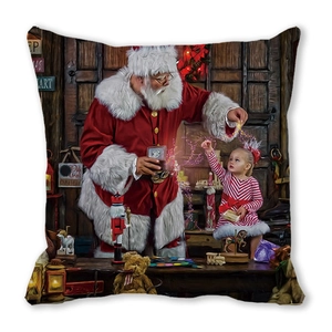 Close-up of Santa Claus and girl oil painting print on peach skin pillowcase