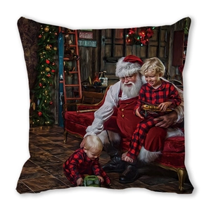 Detail of Christmas pillow cover with realistic oil painting of Santa and children