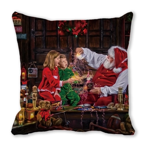 Close-up of Santa Claus illustration on peach skin fabric Christmas cushion cover