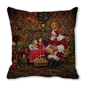 Close-up of Merry Christmas peach skin throw pillow case with Santa Claus fireplace print