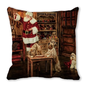 Detail of Christmas throw pillow featuring Santa Claus and puppies in a workshop