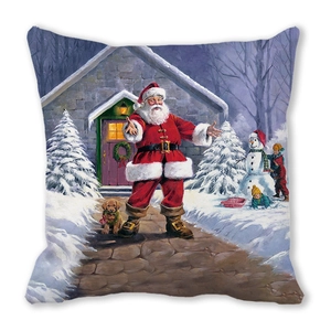 Close-up of peach skin fabric texture with hand-drawn Christmas village and Santa scene