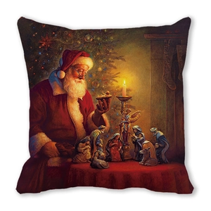 Detail of Christmas peach skin pillow cover with Santa and Nativity oil painting print