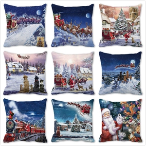 Square Christmas Throw Pillow Cover Oil Painting Style Santa Reindeer Peach Skin Velvet Cushion Case For Home Sofa Decor