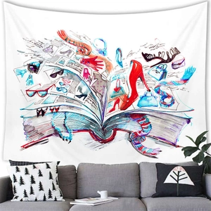Artistic watercolor tapestry featuring an open book and flying fashion accessories