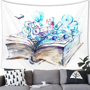 Modern watercolor magic book tapestry showing a creative world above a gray sofa