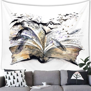 Artistic watercolor open book tapestry with flying birds and feathers for wall decor
