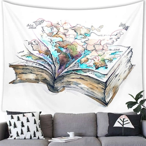 Artistic watercolor open book tapestry with a world map design for home wall decor