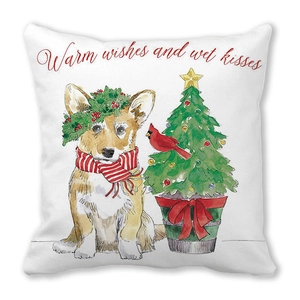 Detailansicht der Weihnachts-Corgi-Illustration auf weißem Pfirsichhaut-Kopfkissen