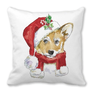 Detailaufnahme des Pfirsichhaut-Kissens mit Aquarell-Corgi im festlichen Weihnachtshut