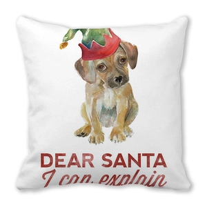 Detail eines quadratischen weißen Kissens mit Hund in Weihnachtsmütze und festlichem Slogan