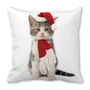 Detailansicht eines Weihnachts-Katzenkissens mit roter Mütze und Schal auf Pfirsichhaut
